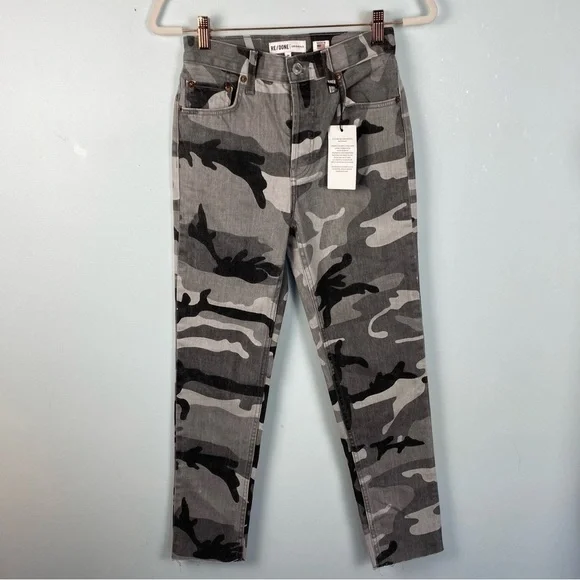 Re/Done High Rise Ankle Crop Stretch - Grey Camo Size 24 - Picture 3 of 11